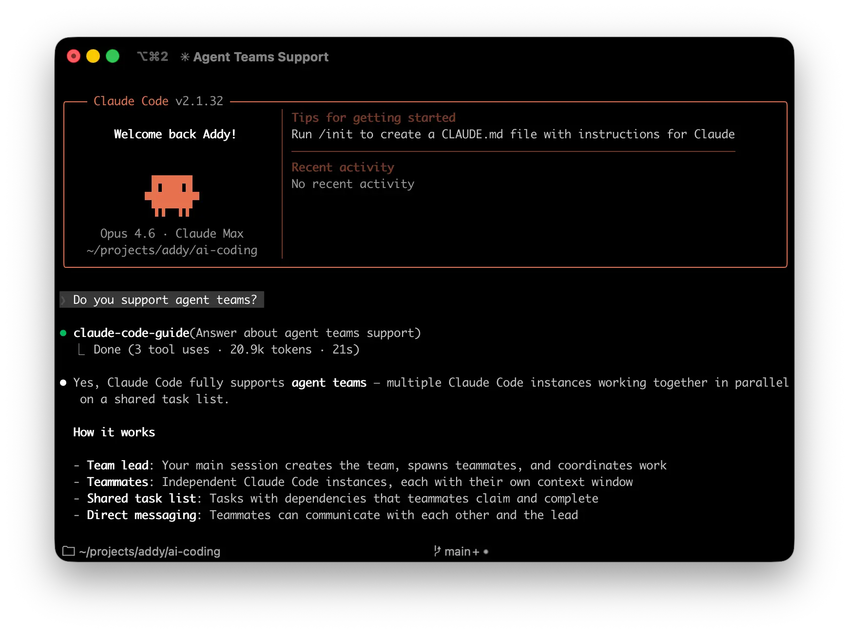 展示主智能体将任务委派给多个团队成员的示意图，每个成员并行处理项目的不同方面